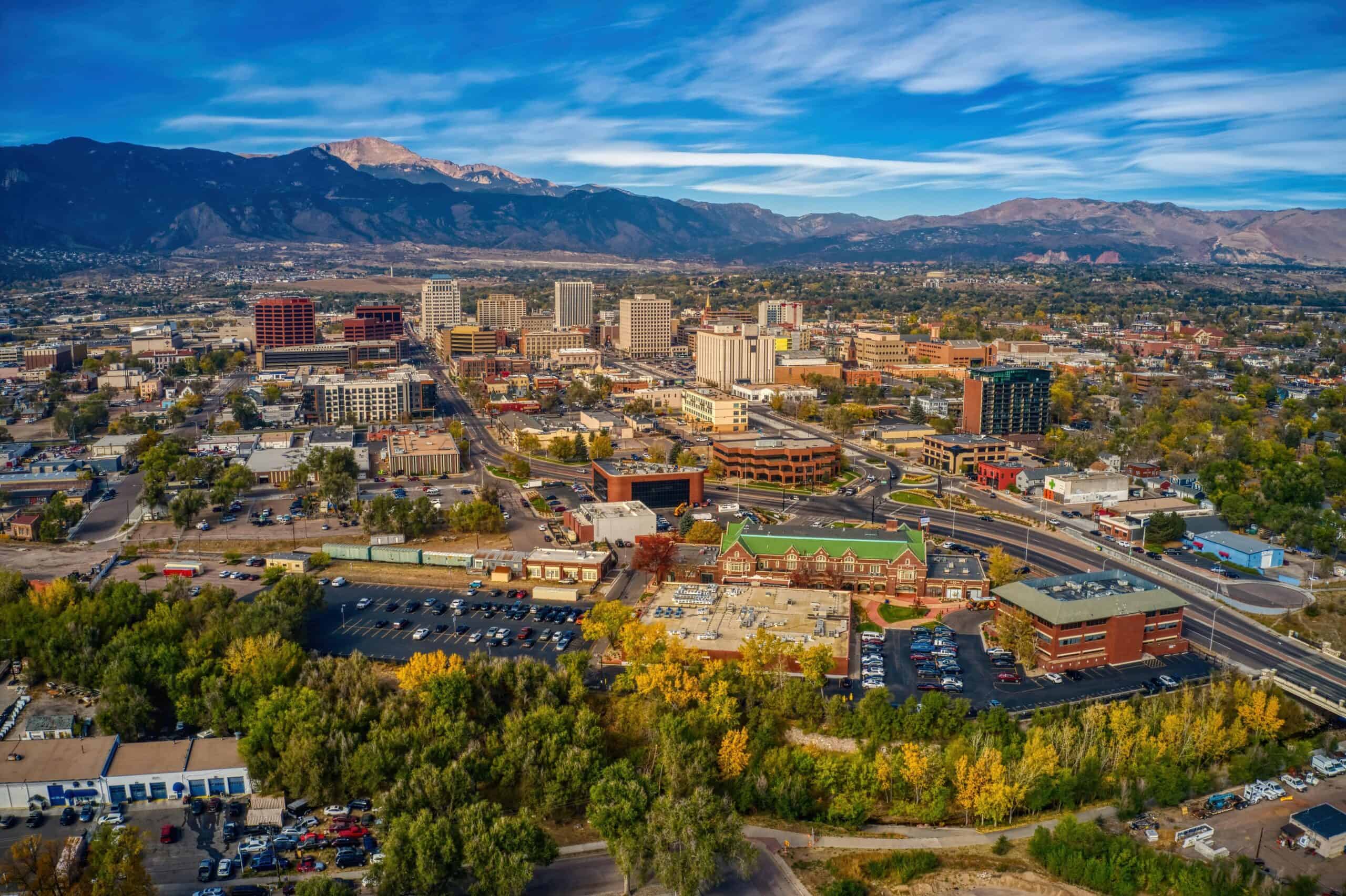 Colorado Springs, Colorado | Aerial View of Colorado Springs with Autumn Colors