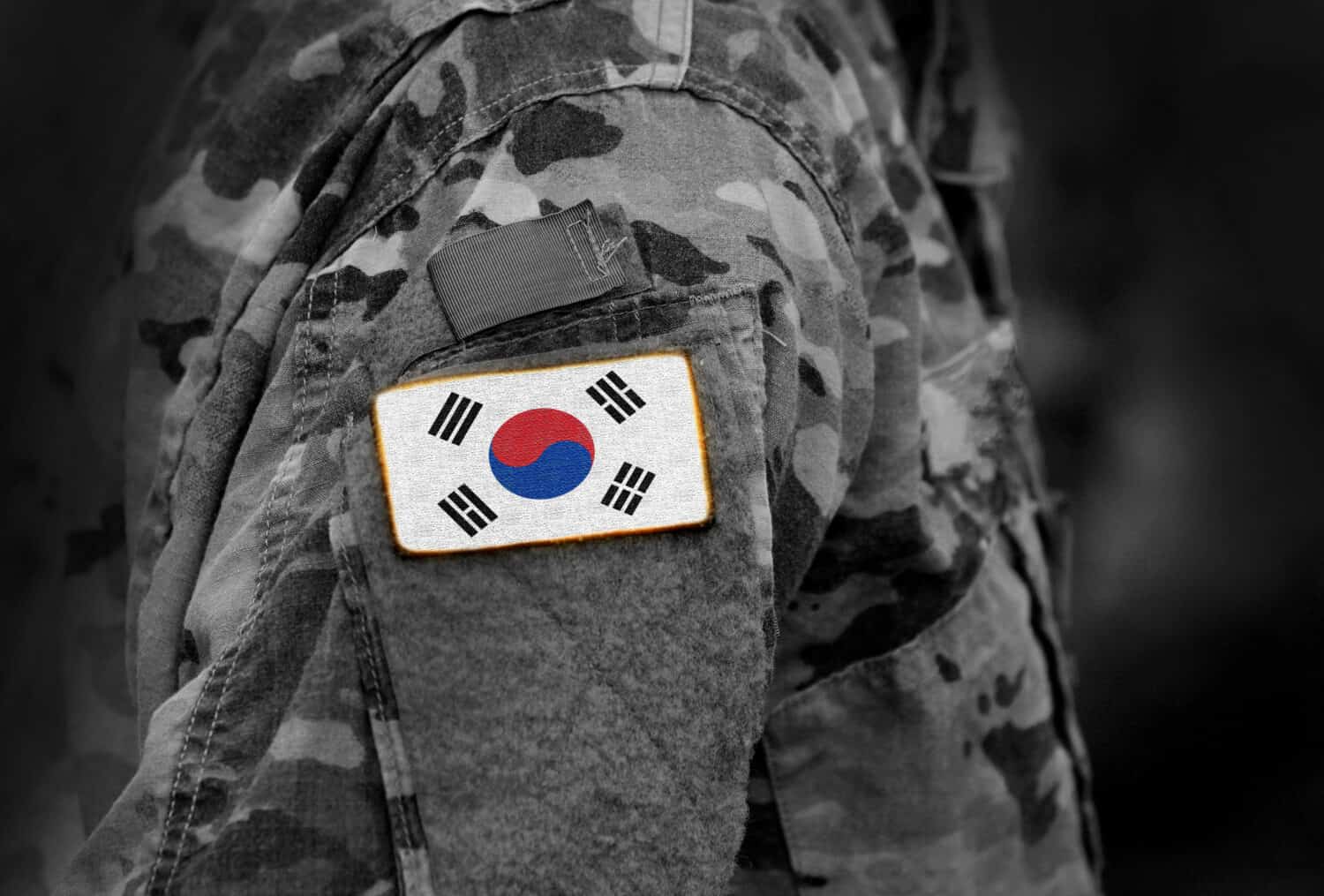 South Korean flag on soldiers arm. Flag of South Korea on military uniforms (collage).