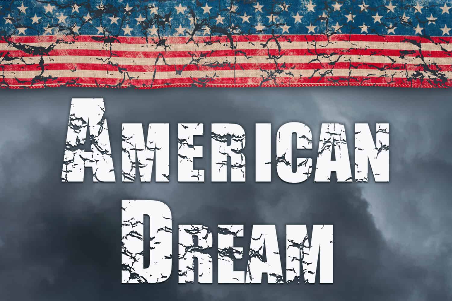 American Dream word message with retro USA stars and stripes ribbon clouds and stormy sky