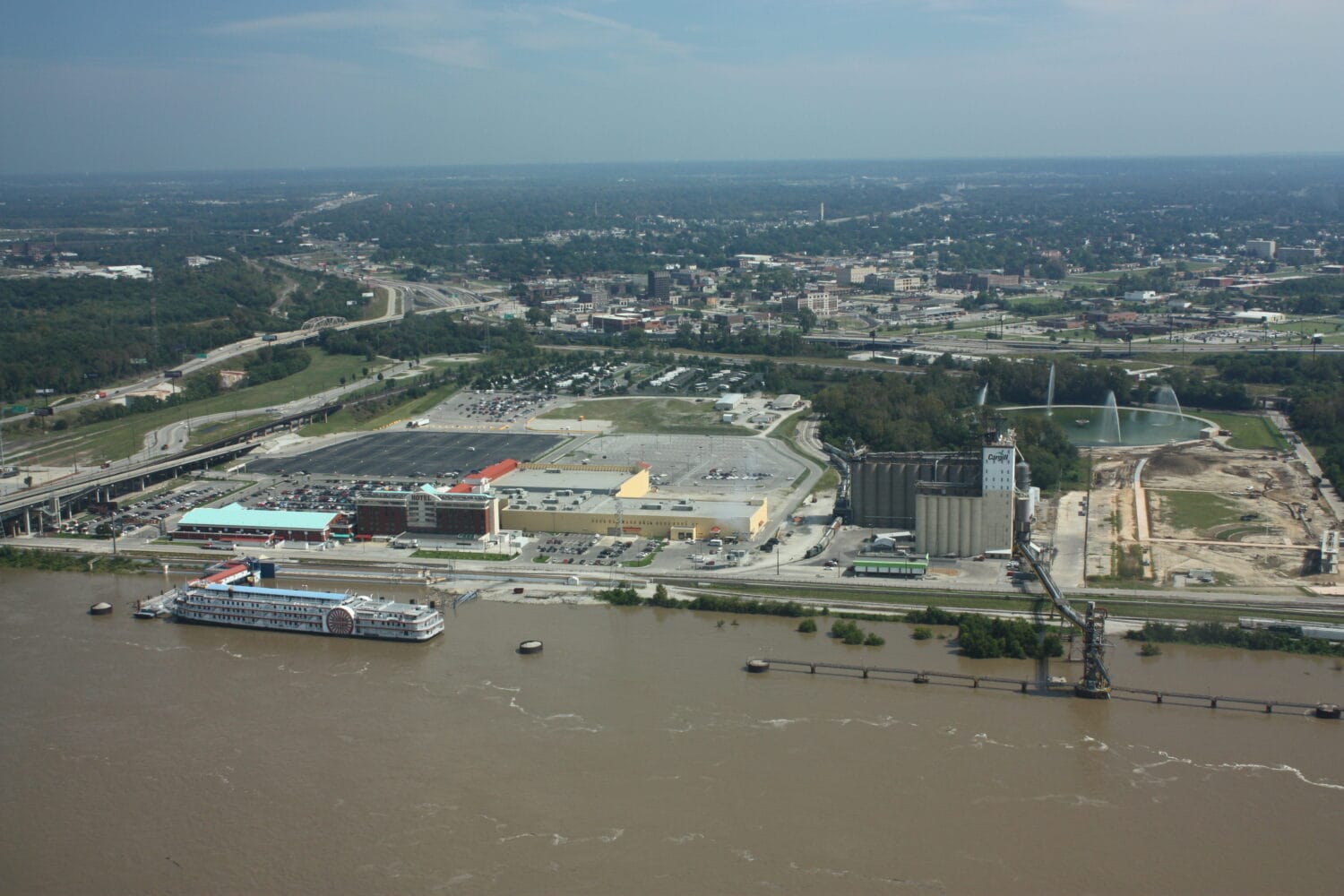 Looking towards East St. Louis and the mississippi river flooding from the top of the st louis arch in St. Louis, missouri