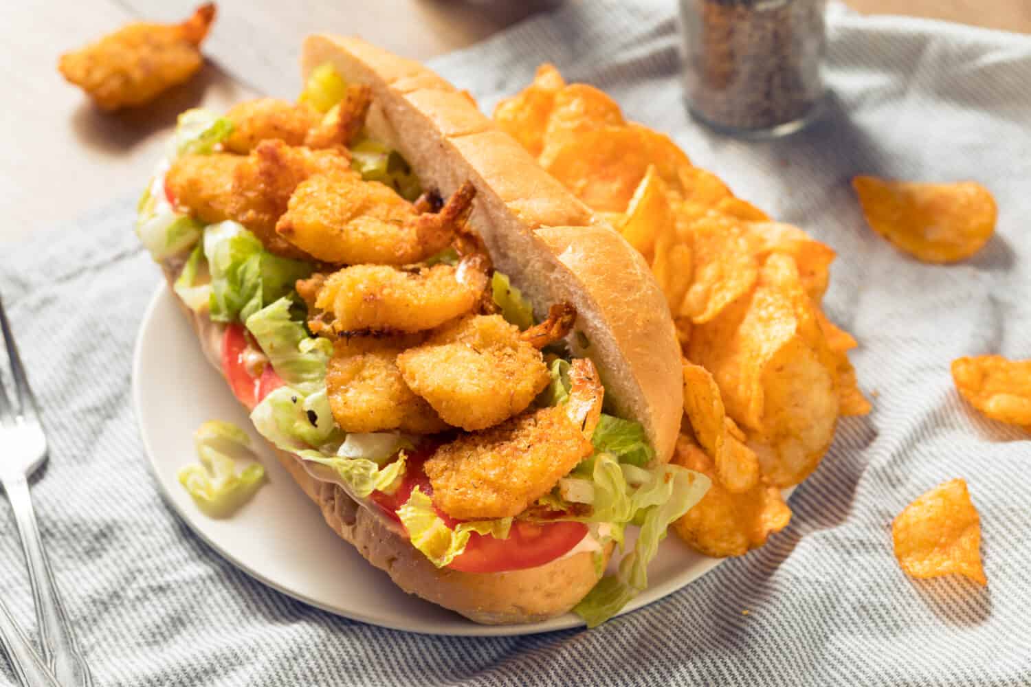 Homemade Shrimp Po Boy Sandwich with Lettuce and Tomato