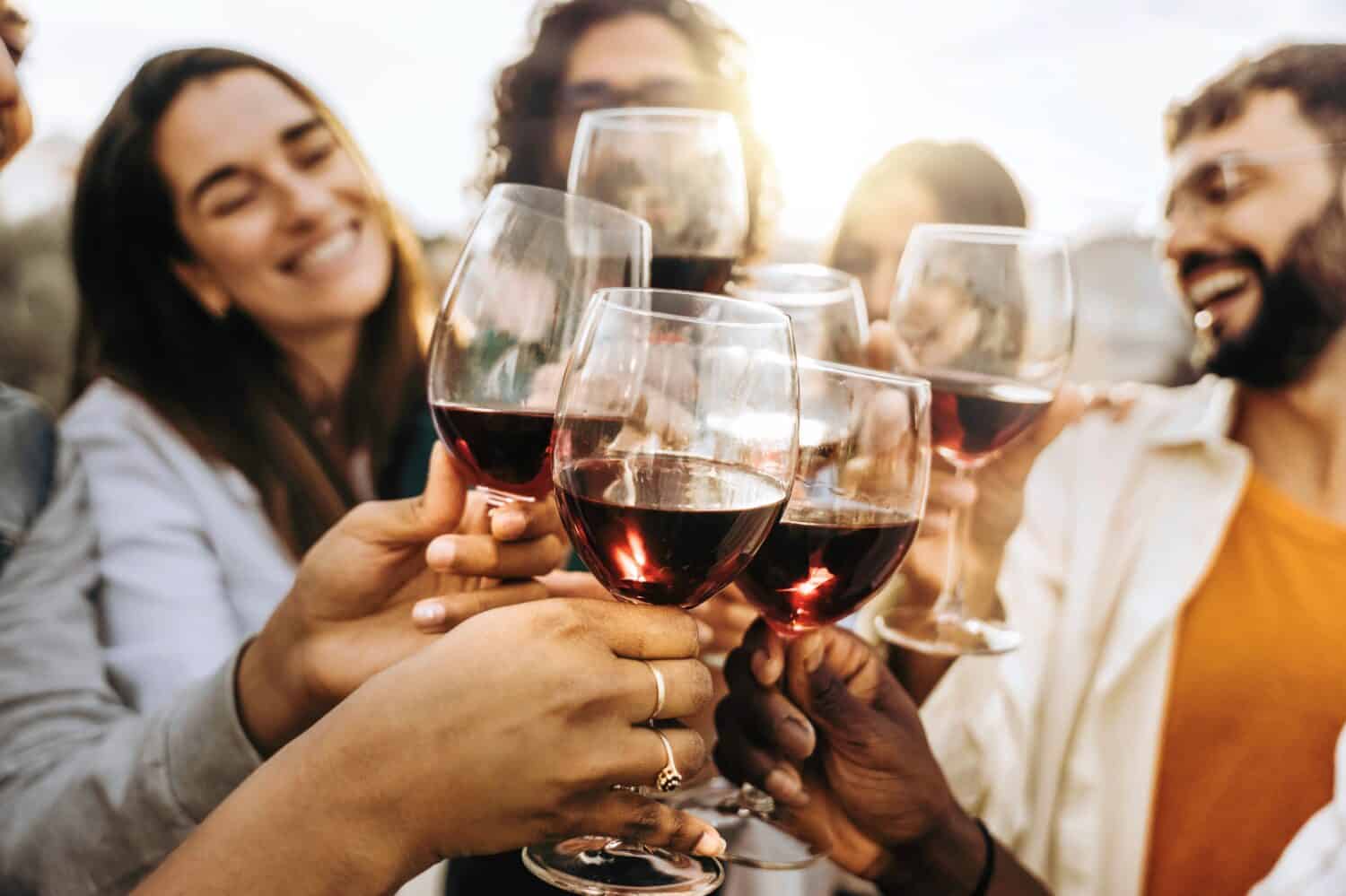 Young people toasting red wine glasses at farm house vineyard countryside - Happy friends enjoying happy hour at winery bar restaurant - Life style concept with guys and girls eating at dinner party
