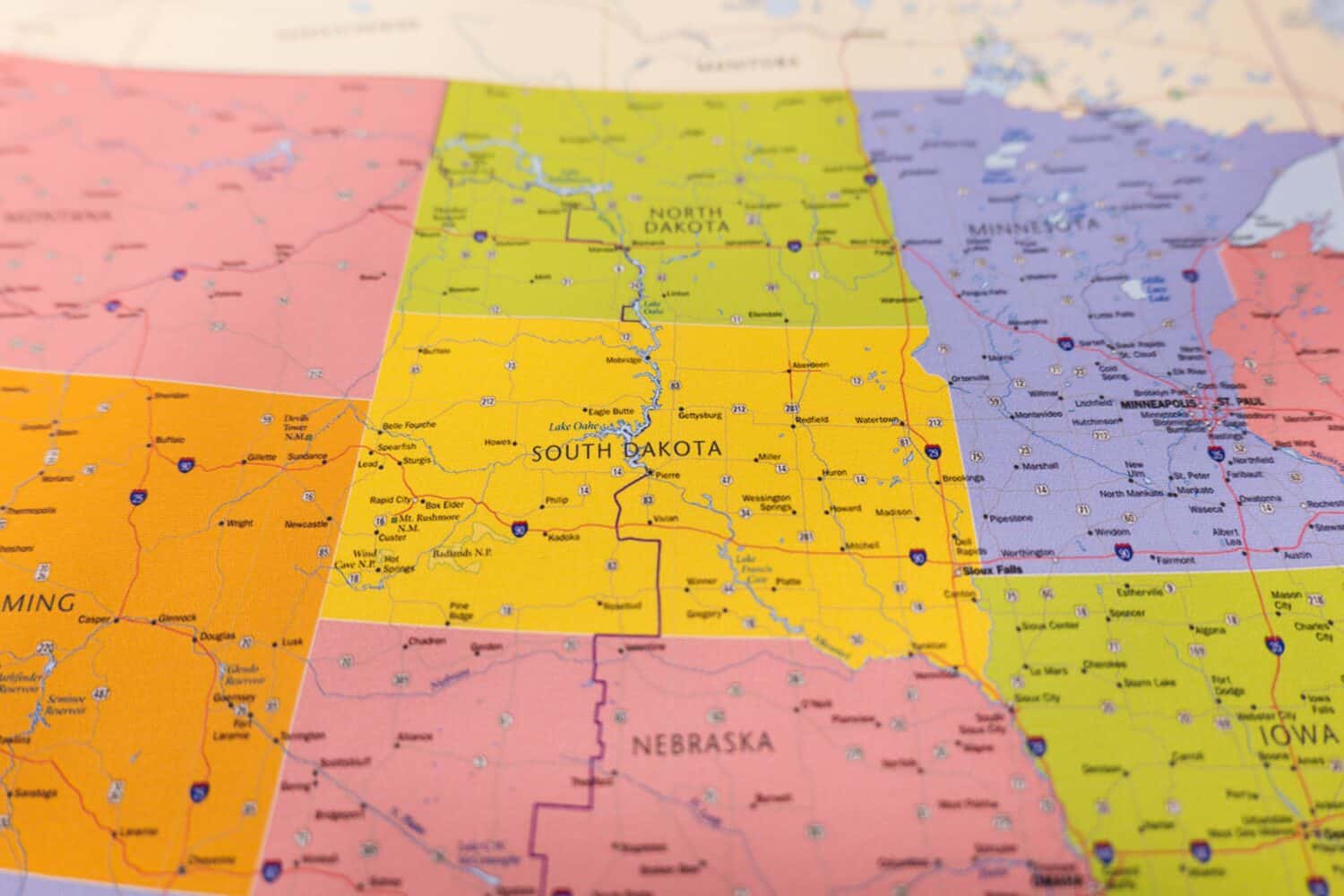 South Dakota state on the map. Discover the South Dakota state through this Map. Map of the South Dakota state with selective focus on state name