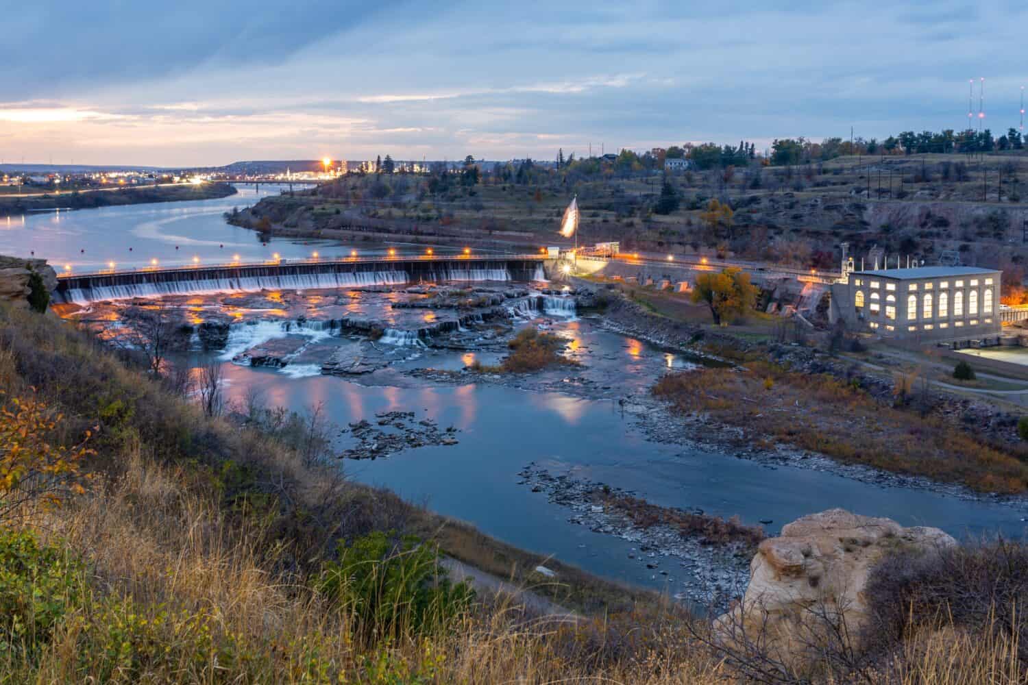 Beautiful view of the Great Falls in Montana in twilight