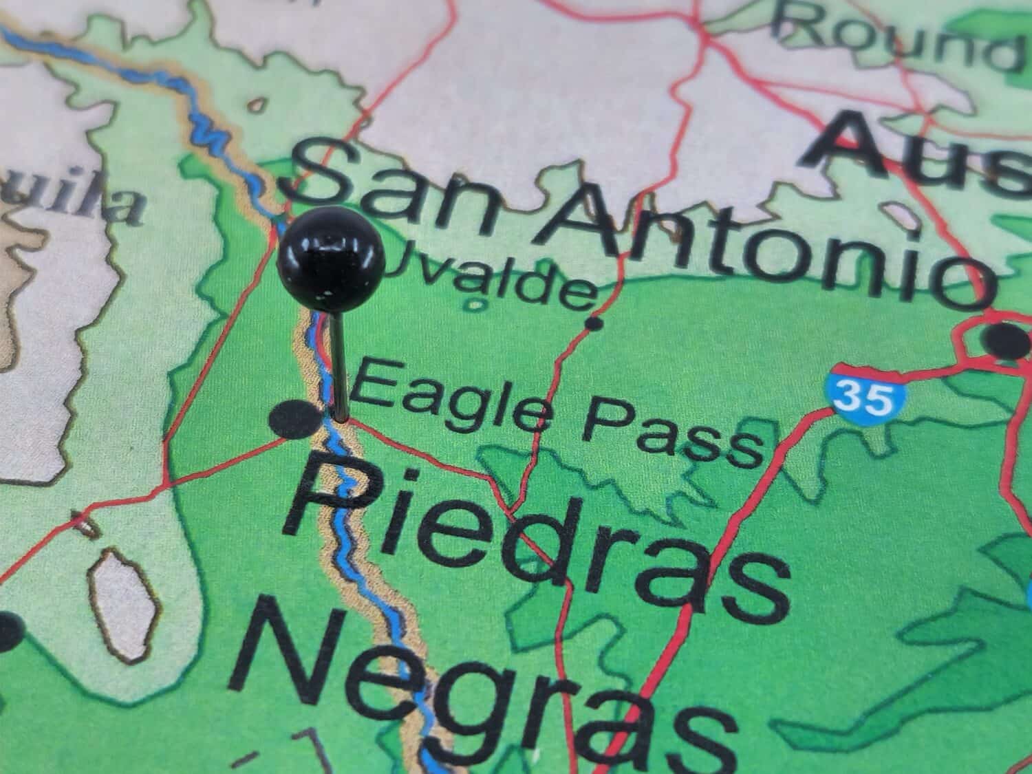 Eagle Pass, Texas marked by a black map tack. The City of Eagle Pass is the county seat of Maverick County, TX.
