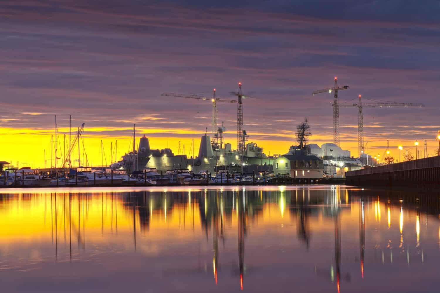 Norfolk, Virginia, USA shipyard on the Chesapeake at golden hourl.