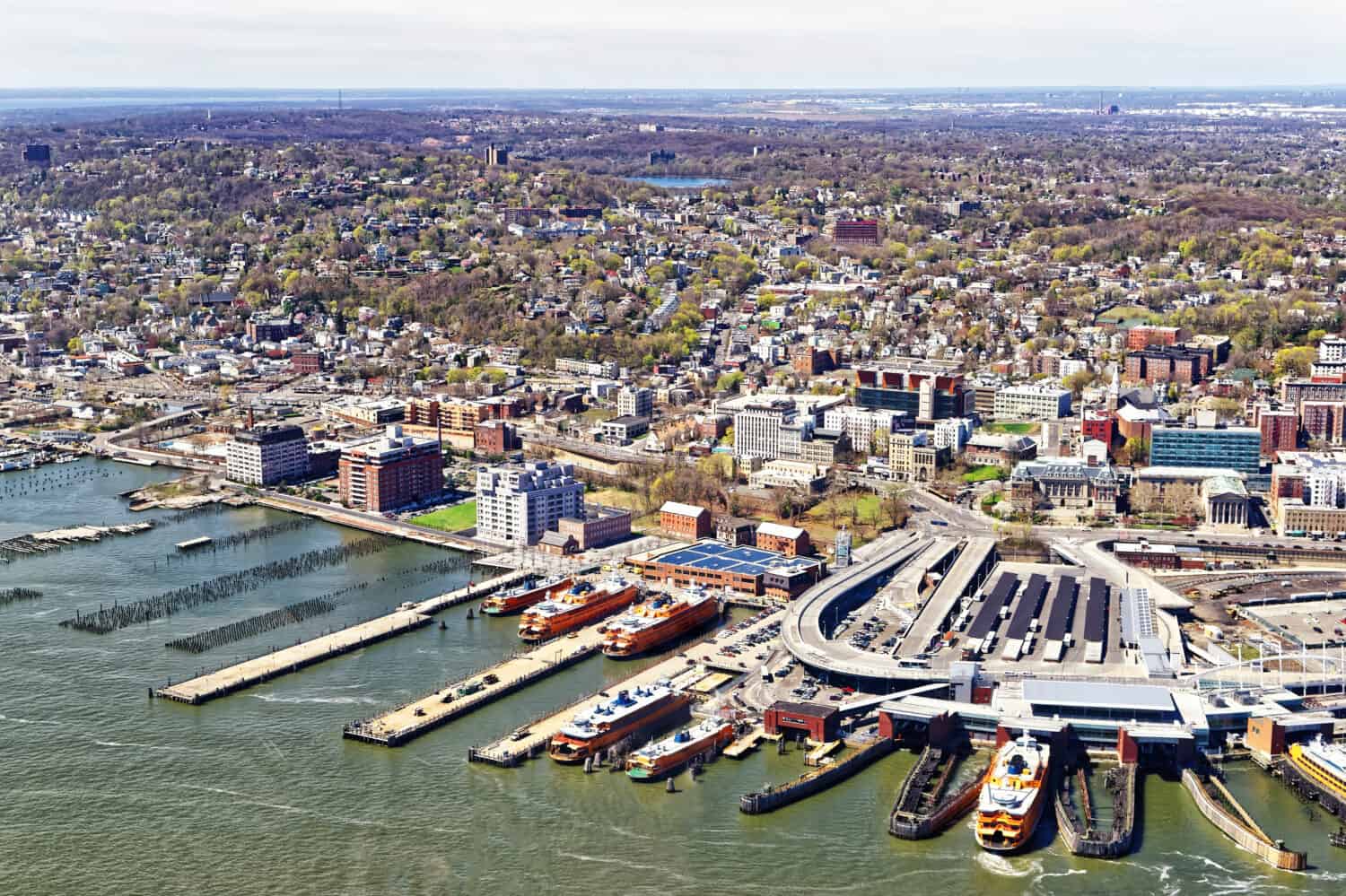 Aerial view of Staten Island St George Ferry terminal, New York City, USA.