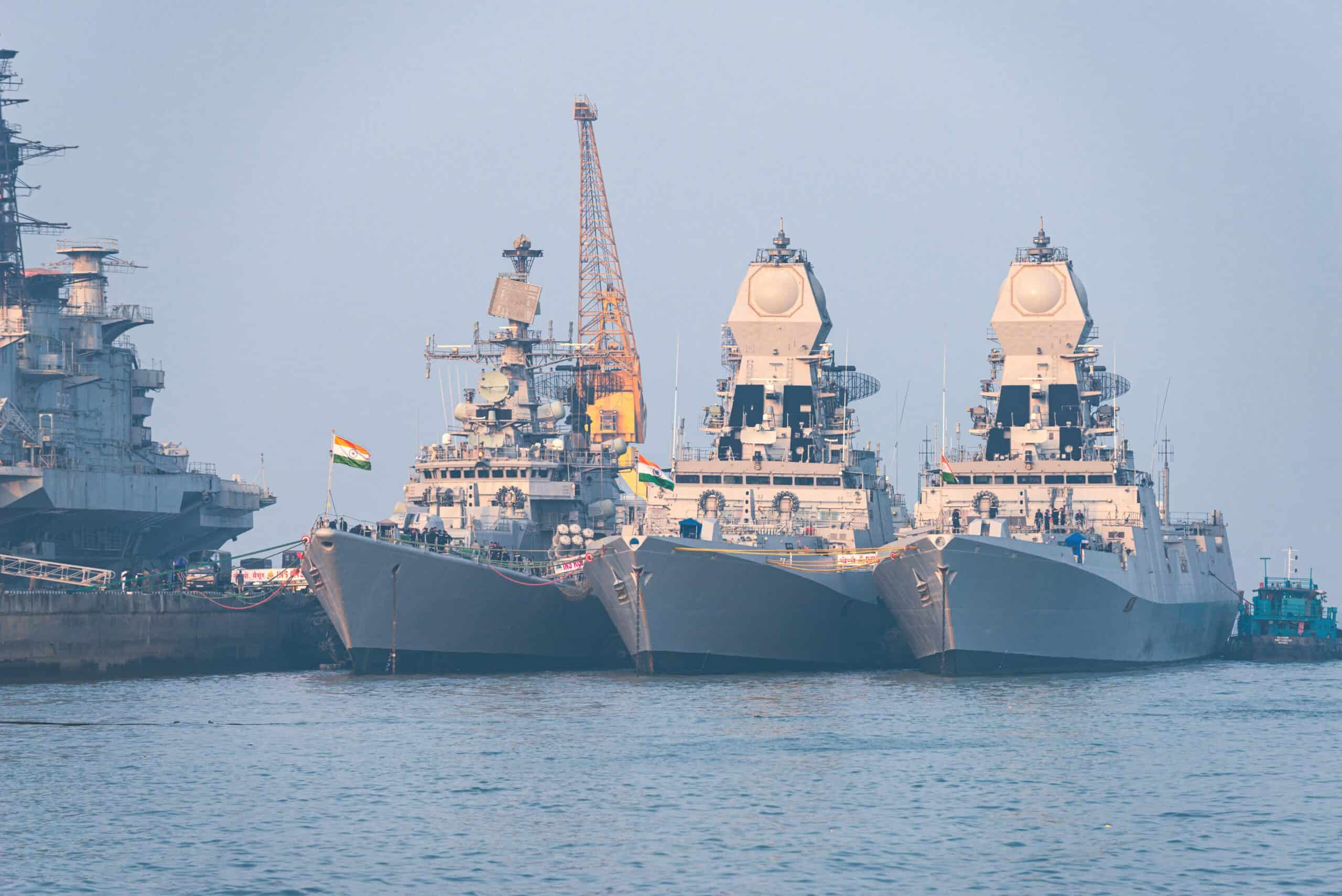 India navy | 01/07/2020 Mumbai. India. three warships of the Indian Navy anchored in Mumbai
