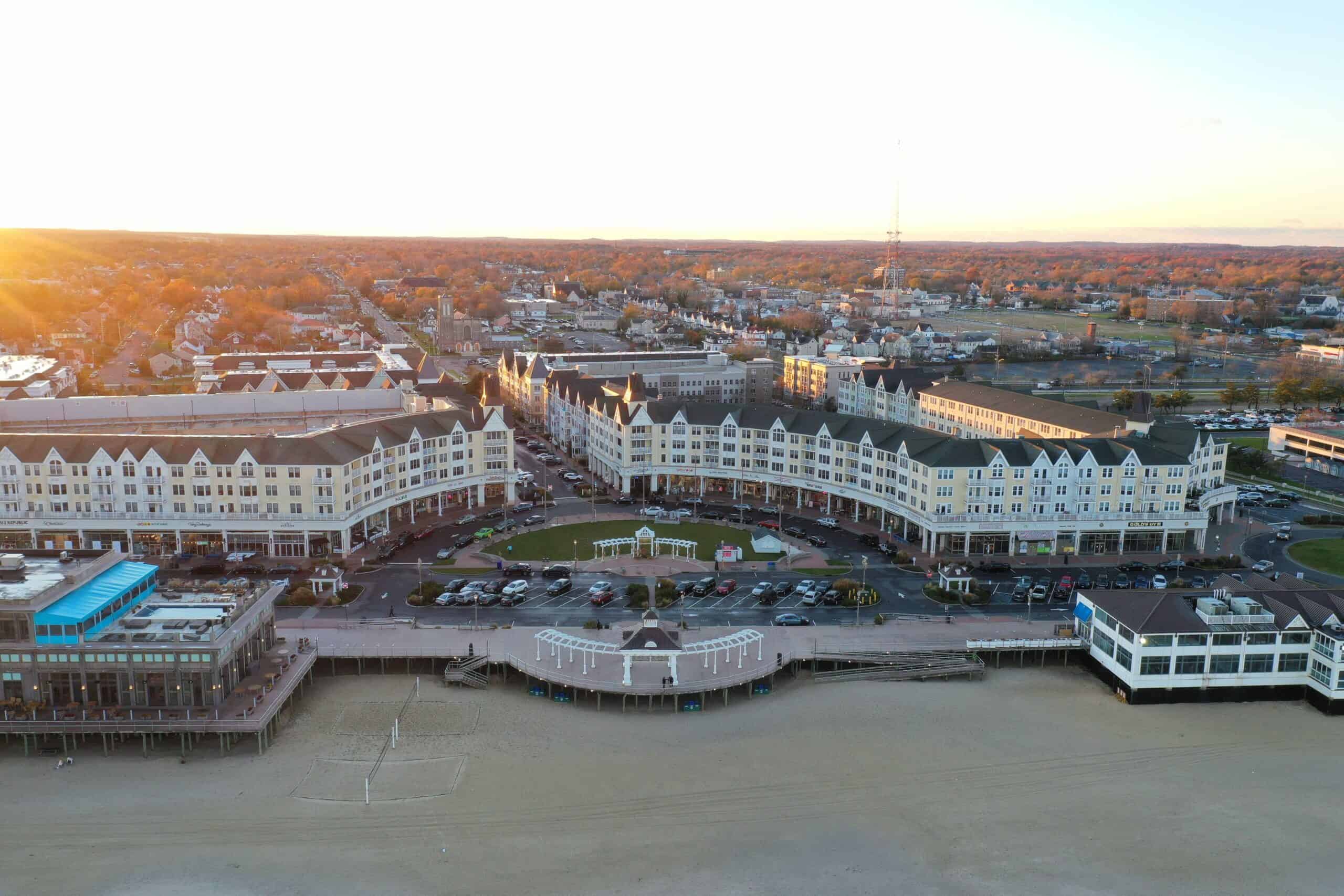 Long Branch, New Jersey | Drone shot of the Pier Village neighborhood on the coast of Long Branch, New Jersey, at sunset