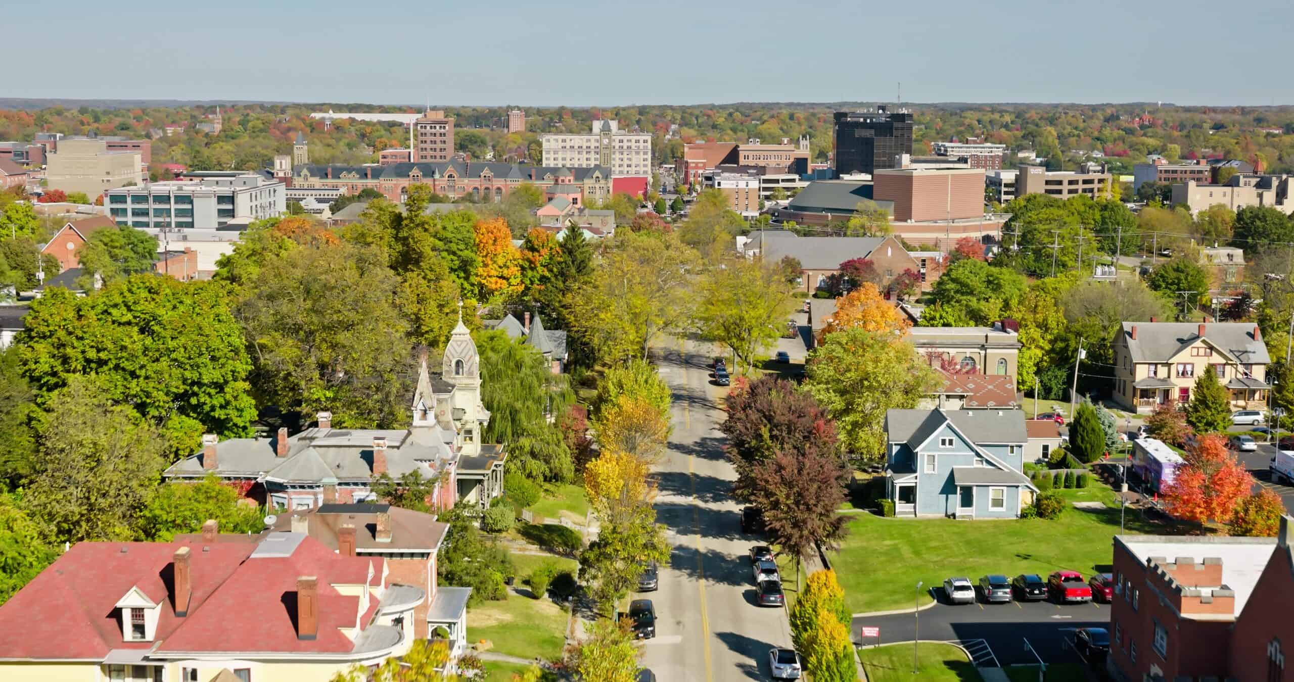 Springfield, Ohio | Drone Shot of City Street in Springfield, Ohio on Clear Day in Fall