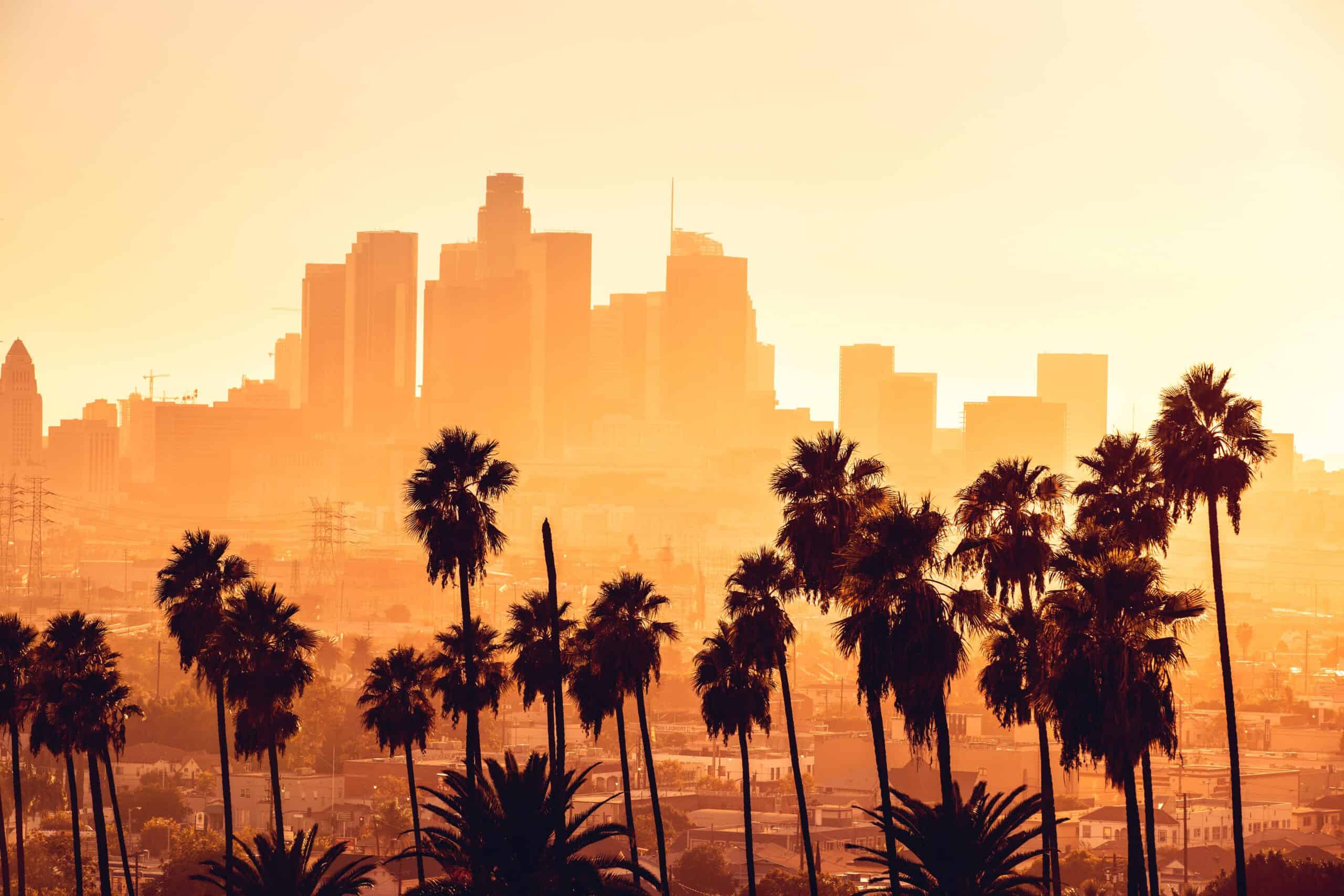 los angeles skyline | Los Angeles golden hour cityscape over downtown skyscrapers