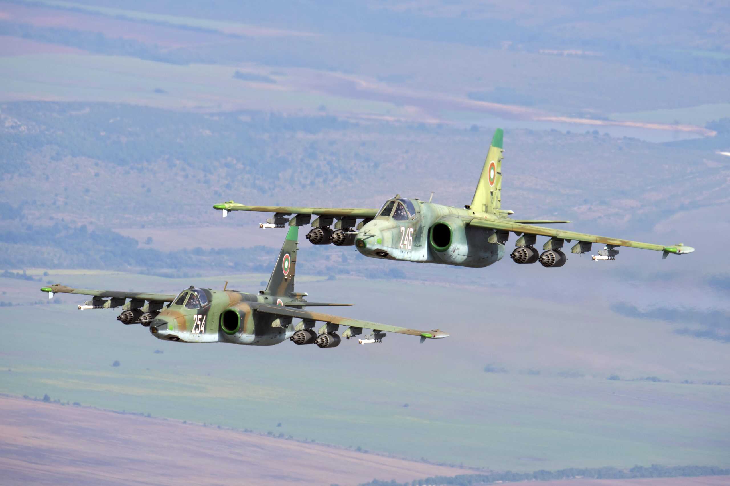 Bulgaria Sukhoi | A pair of Bulgarian Air Force Sukhoi Su-25 jets flying over Graf Ignatievo Air Base, Bulgaria.