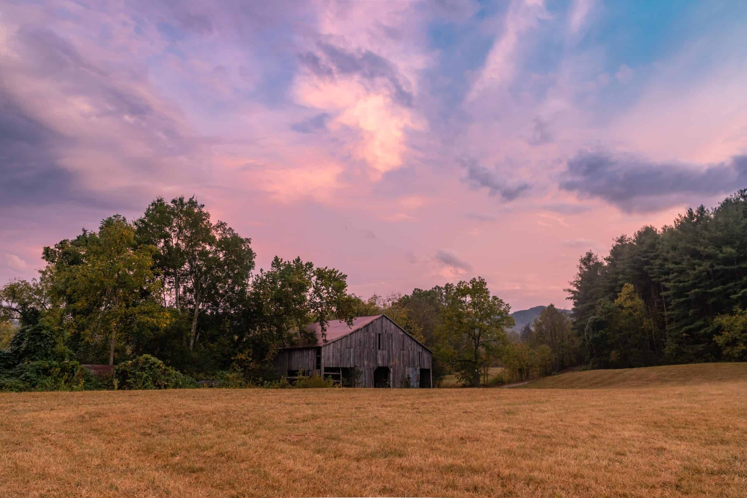Madison County, North Carolina | Sunset over an Old Barn near Hot Springs, North Carolina