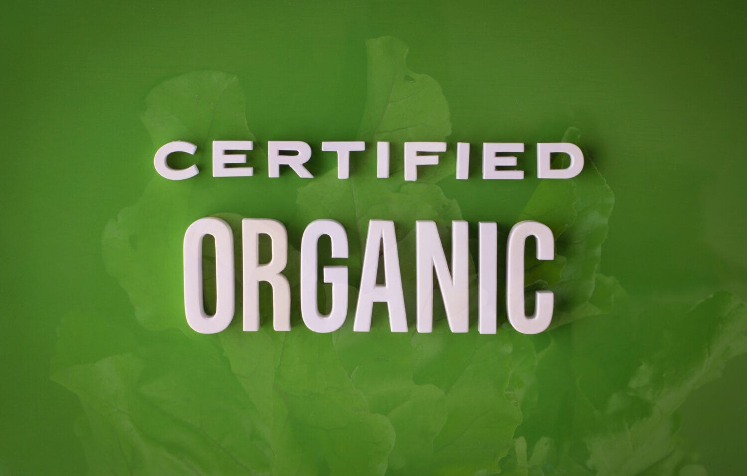 Certified organic lettering sign made with colorful background and white ceramic letters.