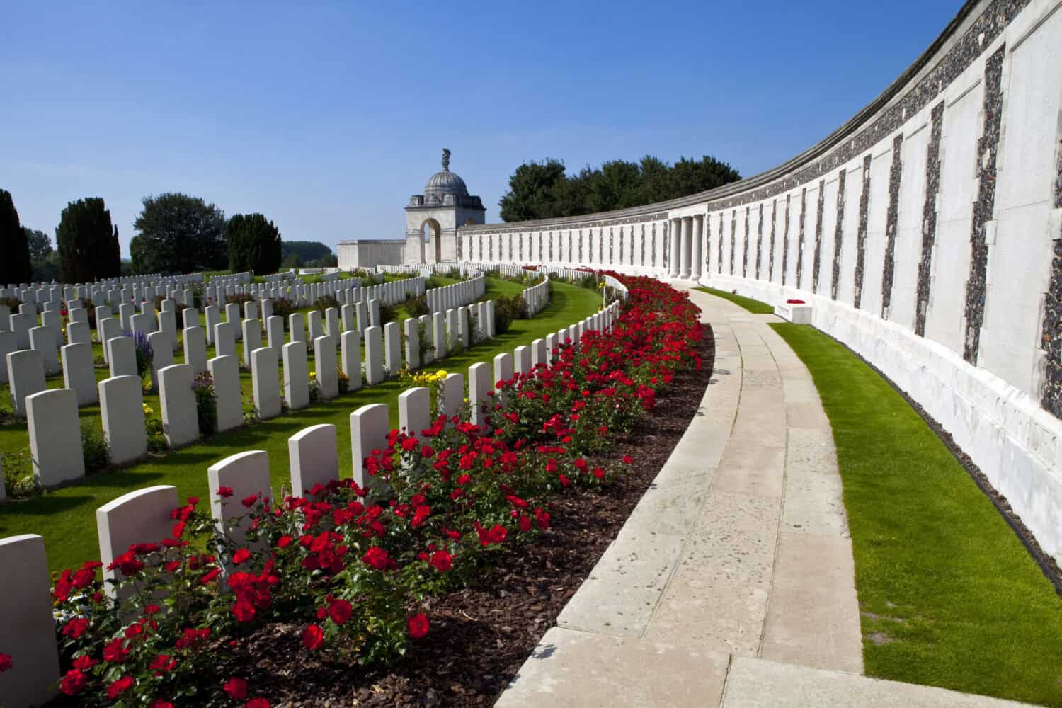 Tyne Cot Cemetery in Ypres, Belgium. Tyne Cot Commonwealth War Graves Cemetery and Memorial to the Missing is a Commonwealth War Graves burial ground for the dead of the First World War in the Ypres.