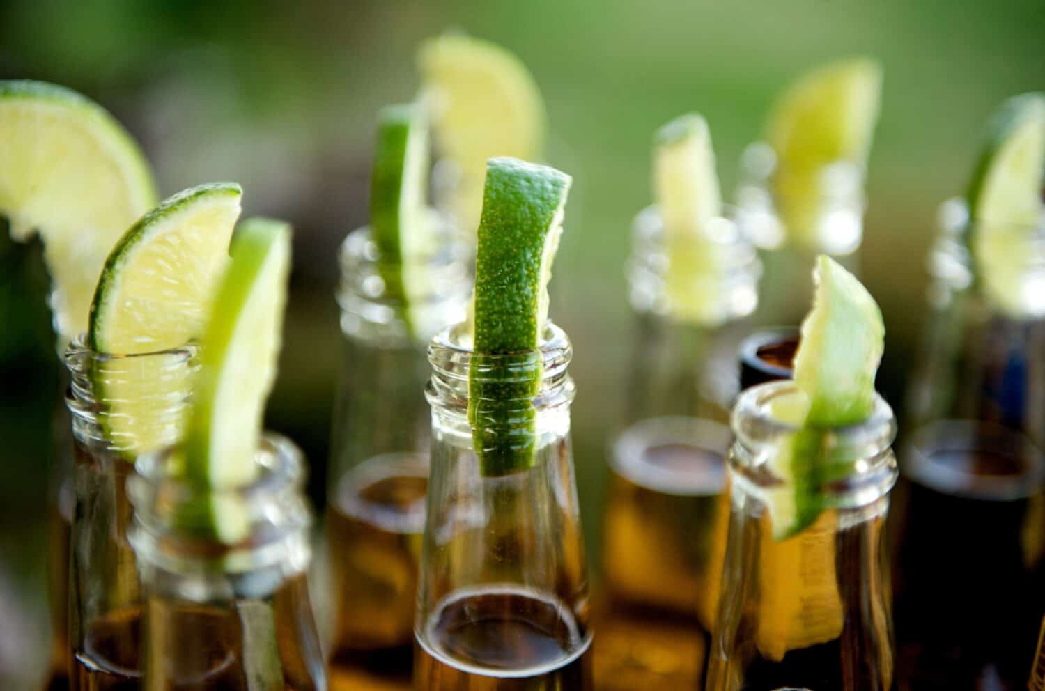 Close up image of multiple beer bottles with limes inserted
