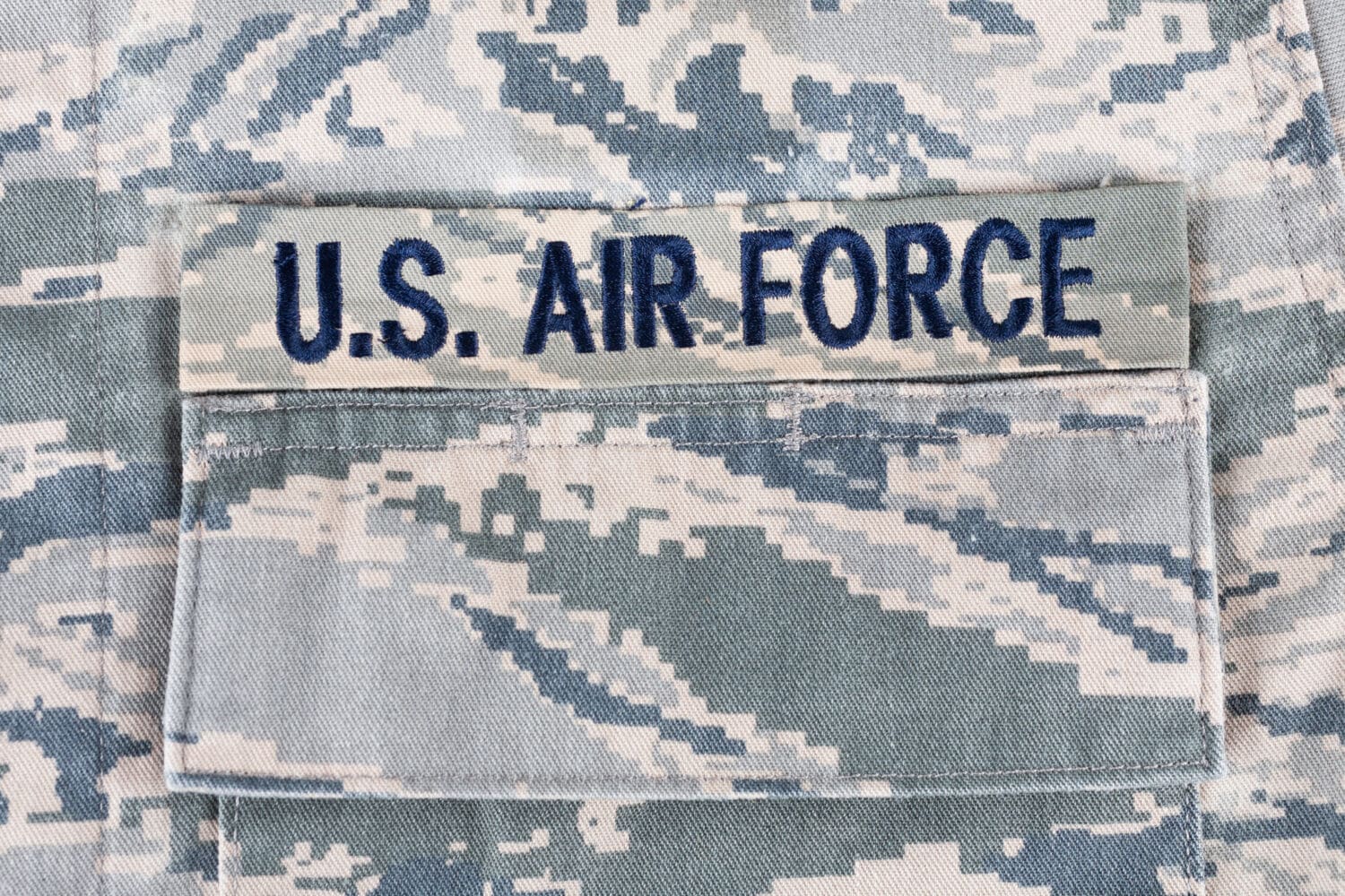US AIR FORCE branch tape on digital tiger-stripe pattern Airman Battle Uniform (ABU) background