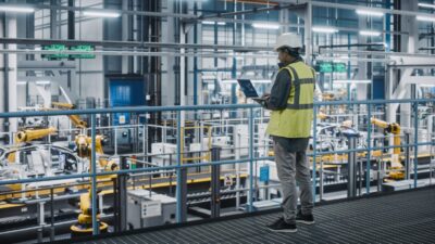 A person wearing a white hard hat and a yellow safety vest stands on an elevated metal grate walkway, looking at a silver laptop. Below and behind them, a large, well-lit factory floor features numerous yellow robotic arms working on car chassis on an assembly line, set against a backdrop of metal structures and conveyor belts.