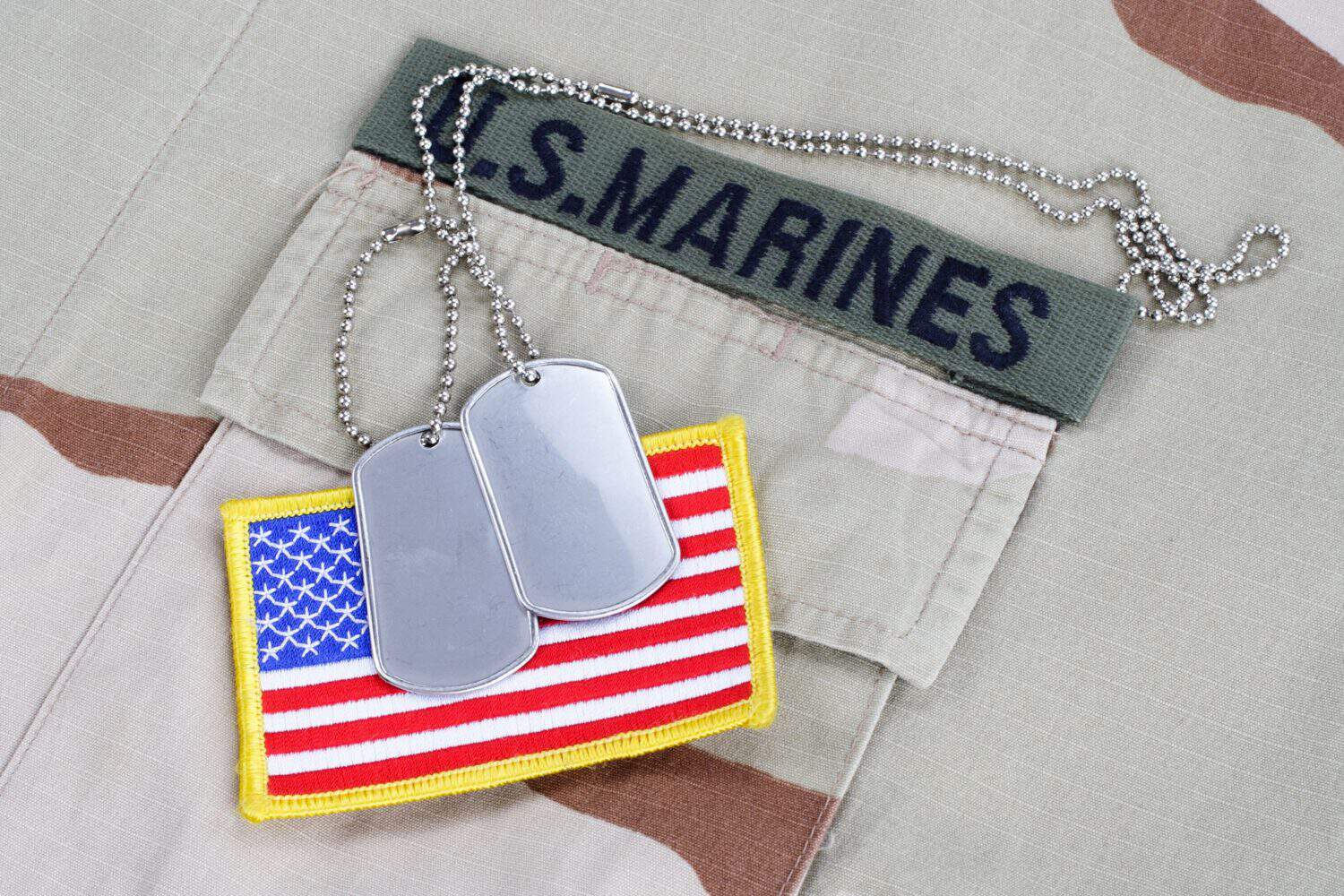 US MARINES branch tape with dog tags and flag patch on desert camouflage uniform background