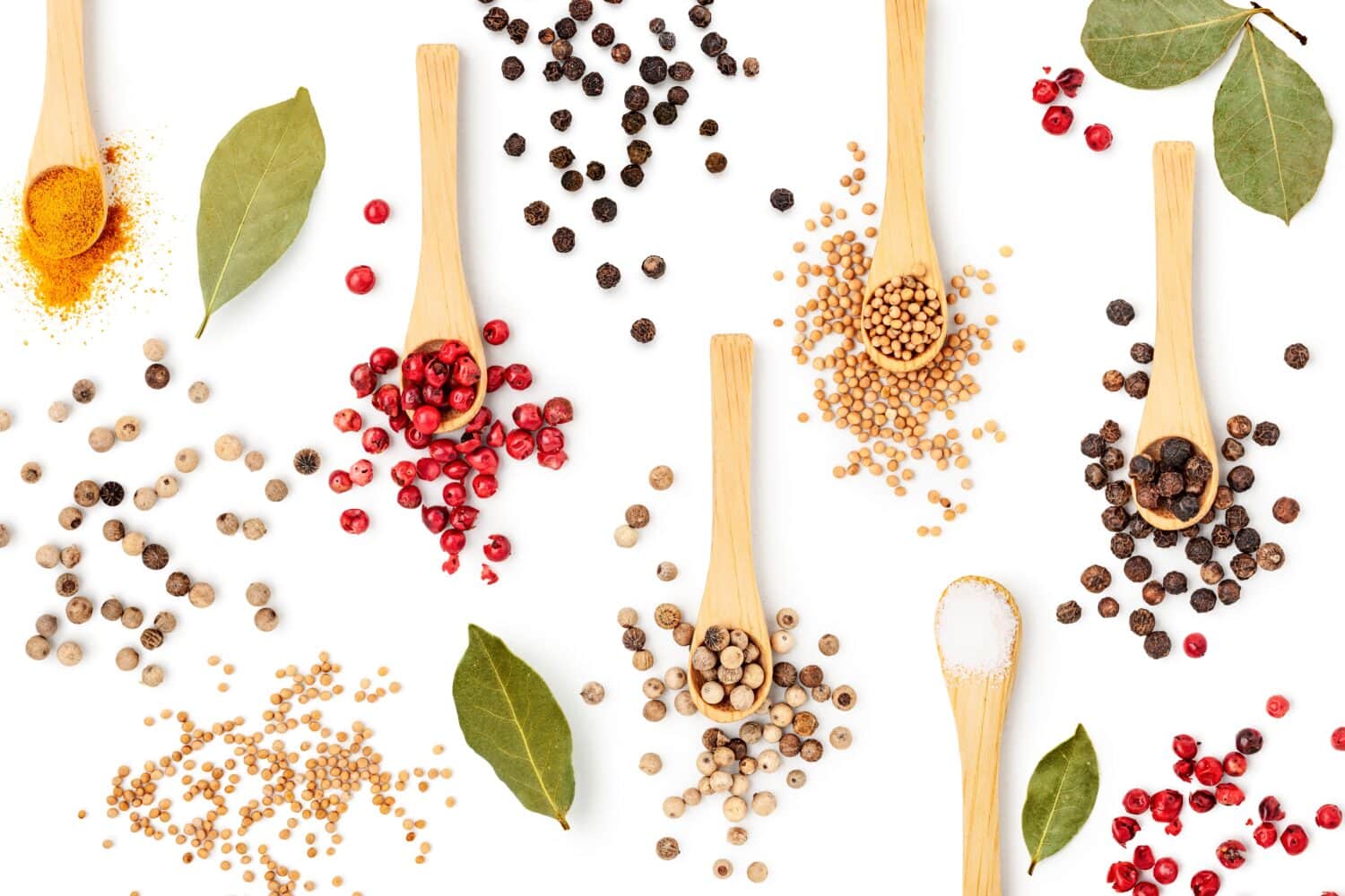 Different peppercorns in spoon, bay leaf, salt, turmeric and mustard seeds creative layout. Spices isolated on white background. Flat lay. Design element. Healthy eating and food concept