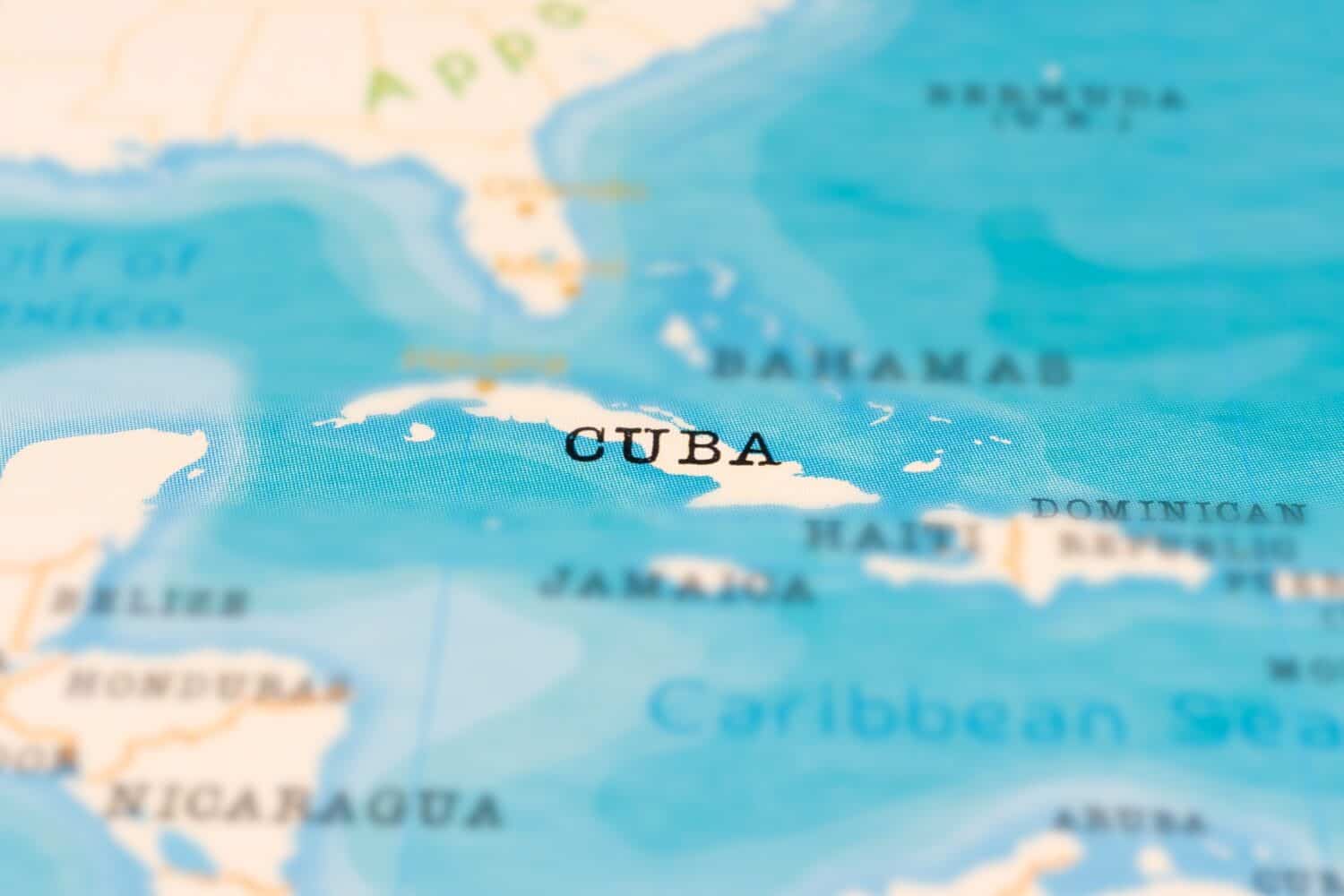 Cuba in Focus on a Tilted Map.