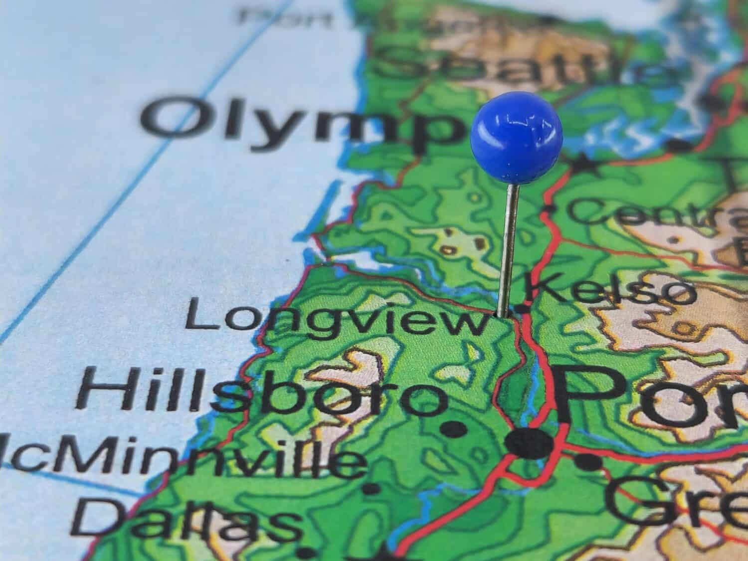 Longview, Washington marked by a blue map tack. The City of Longview is the county seat of Cowlitz County, WA.