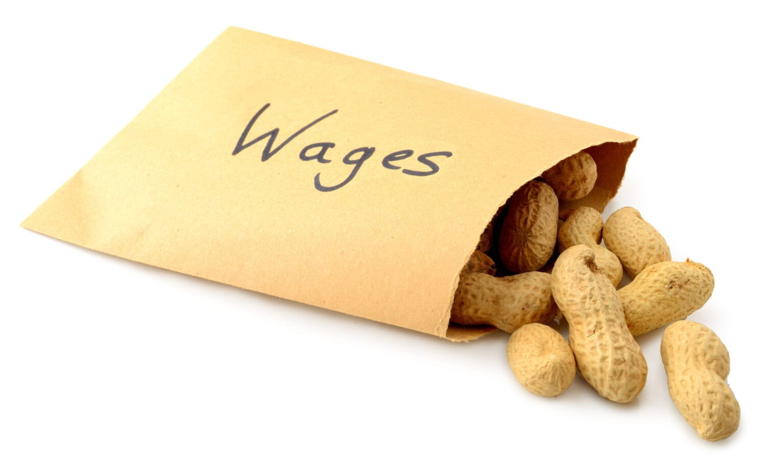 Peanuts falling out of an envelope marked wage isolated on a white background