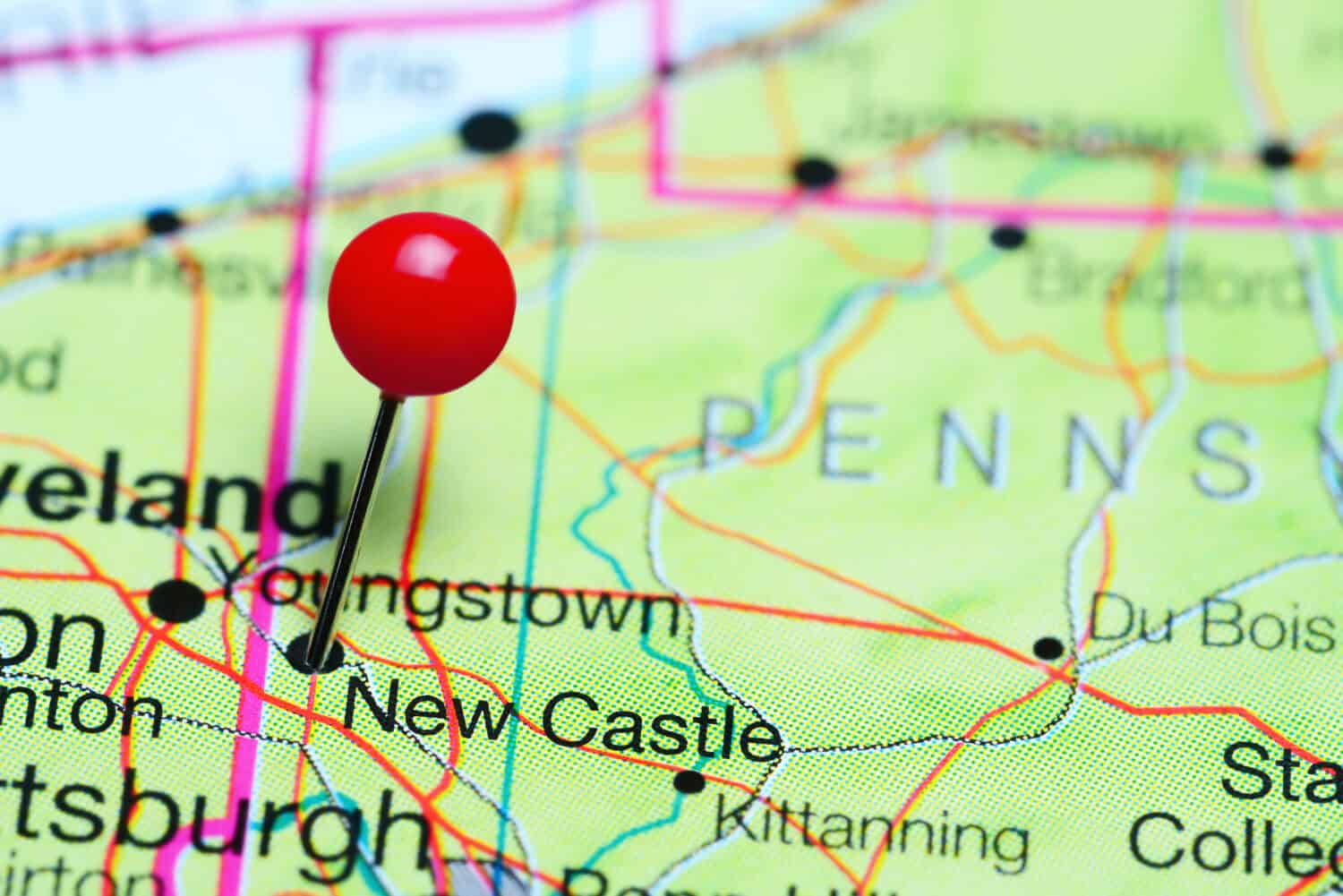 New Castle pinned on a map of Pennsylvania, USA