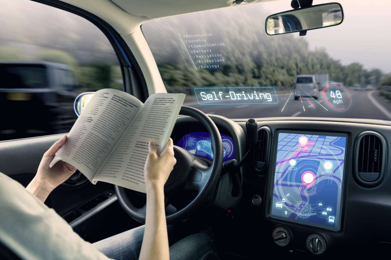 cockpit of autonomous car. a vehicle running self driving mode and a woman driver being relaxed.