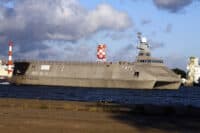 Sea Fighter, FSF-1, Littoral Surface Craft (LSC) transits out of Pearl Harbor channel back out to sea passing close by Ford Island. This catamaran is 262 feet long, 72 feet wide and can operate in as little as 12 feet of water.