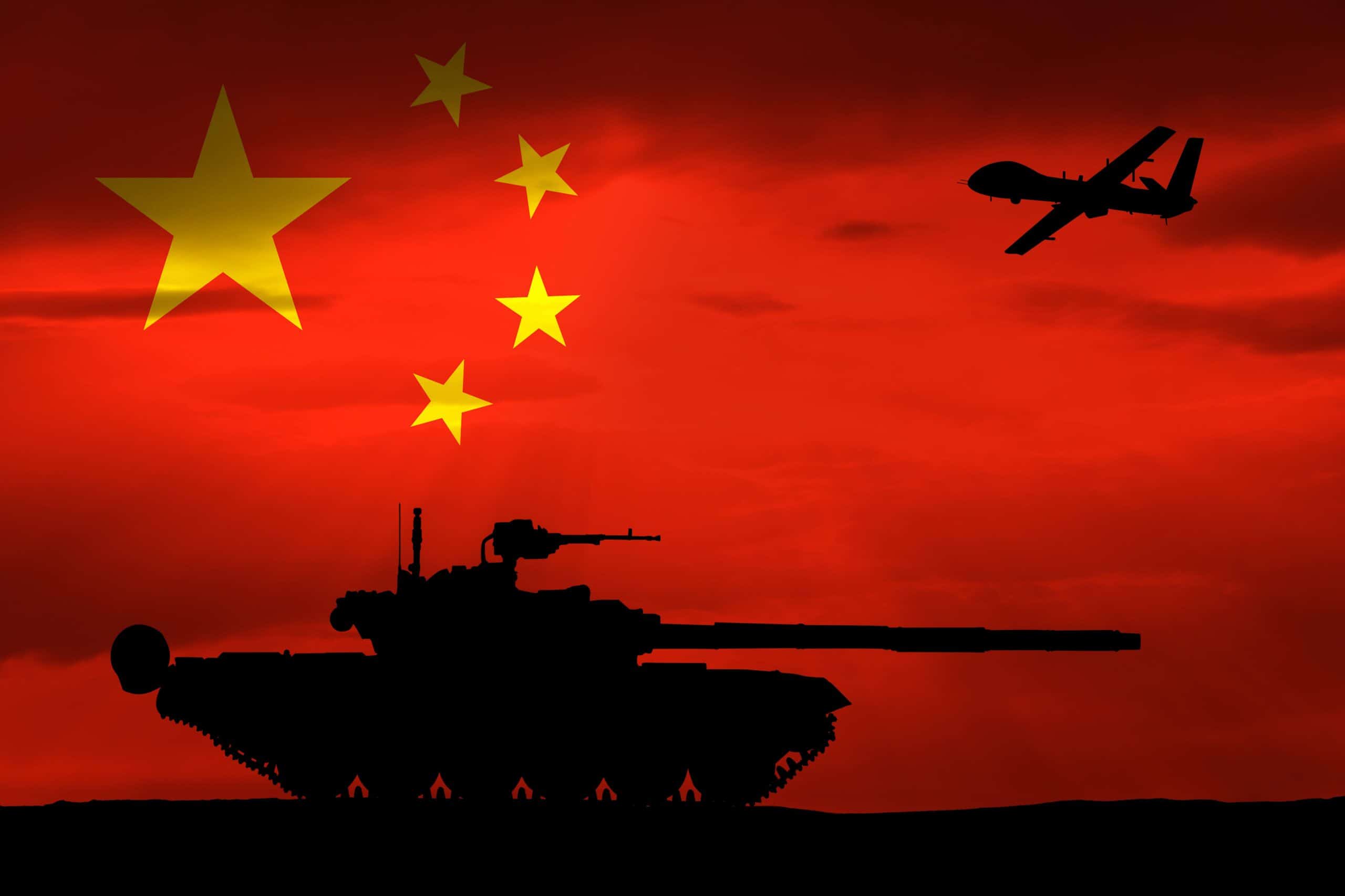 China artillery | Armored tank and combat drone on the background of the Chinese flag