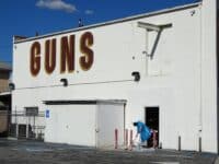California+gun+store | Man Cleaning outside Guns Store - Culver City - Los Angeles - California - USA