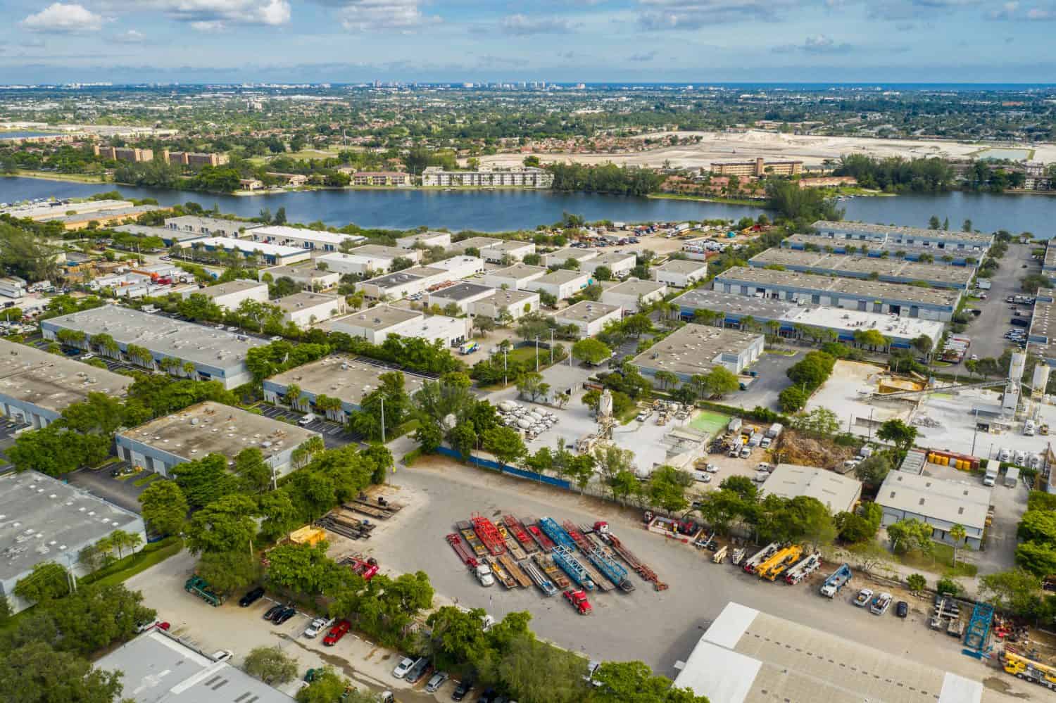 Aerial drone photo industrial warehouses and business district Coconut Creek Florida