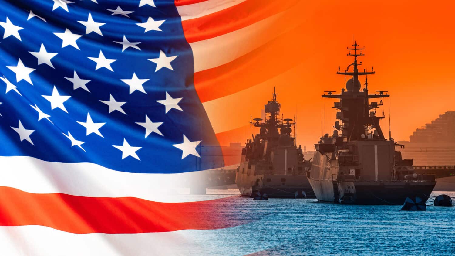 Moored warships on the background of the American flag. American fleet. Naval forces of the United States. The Navy of America. Equipment of the American army. Protecting America's water borders.