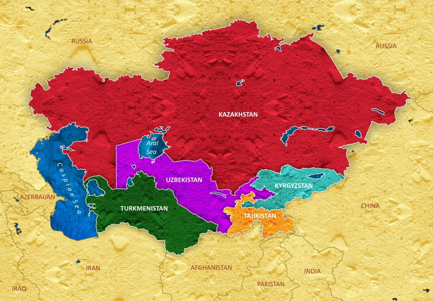 Central Asia Map with countries -Republics of Kazakhstan, Kyrgyzstan, Tajikistan, Turkmenistan, and Uzbekistan.