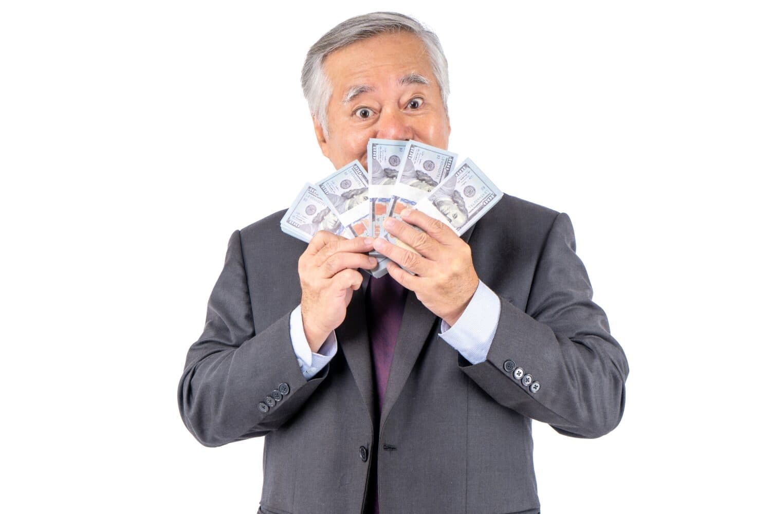 asian businessman elderly men holding a lot of money in hand.