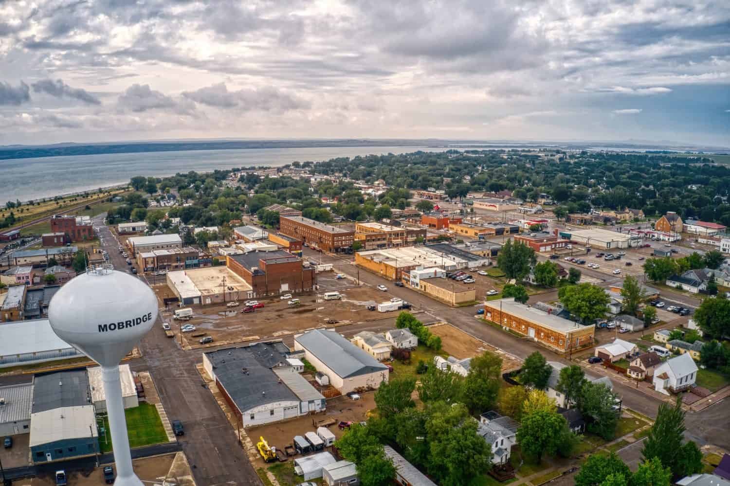 Aerial view of downtown Mobridge, South Dakota on the Missouri River