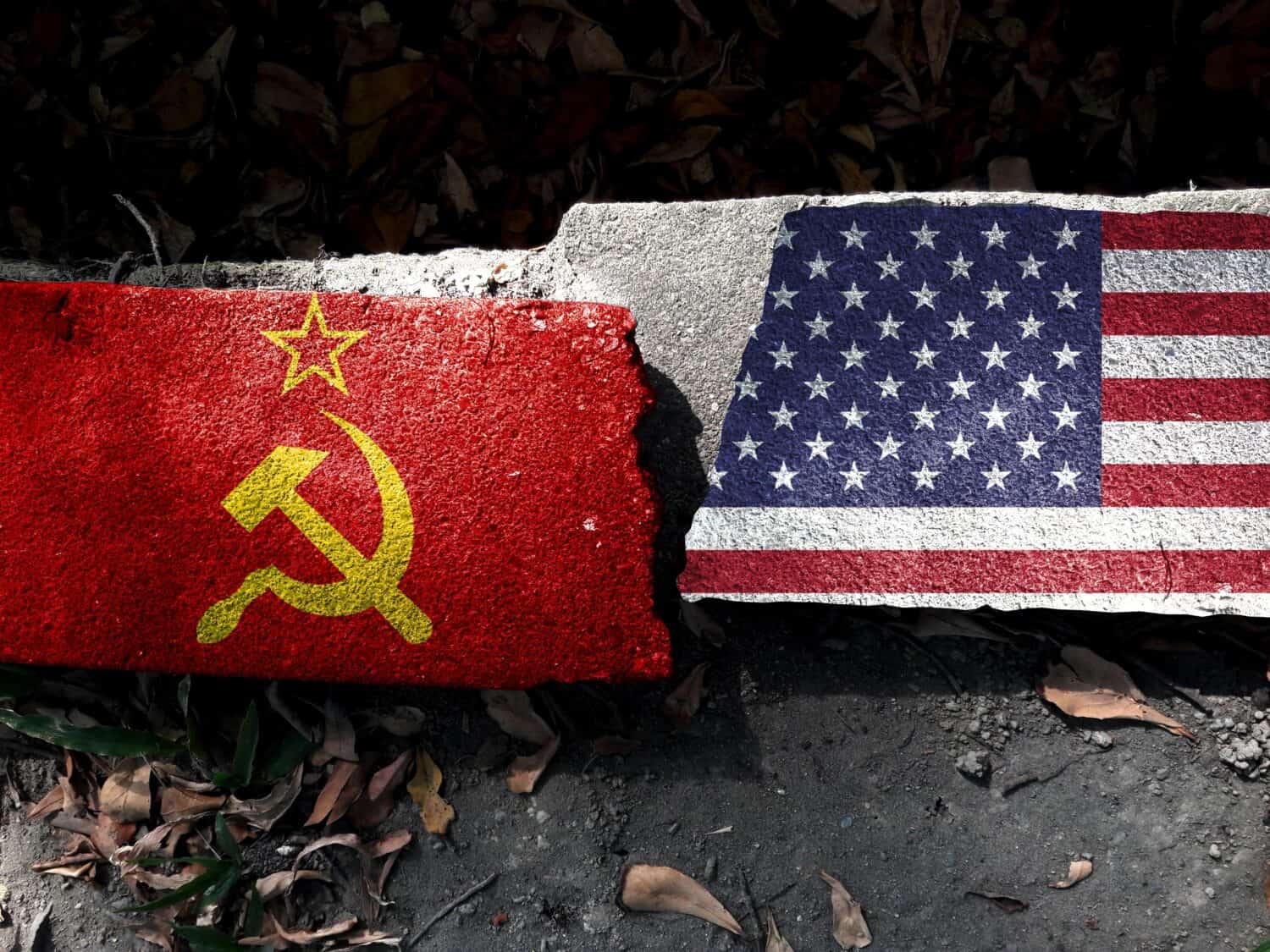 cold war. Flag of the Soviet Union (1922-1991). American Flag (50 stars). For basemap or background use. double exposure hologram