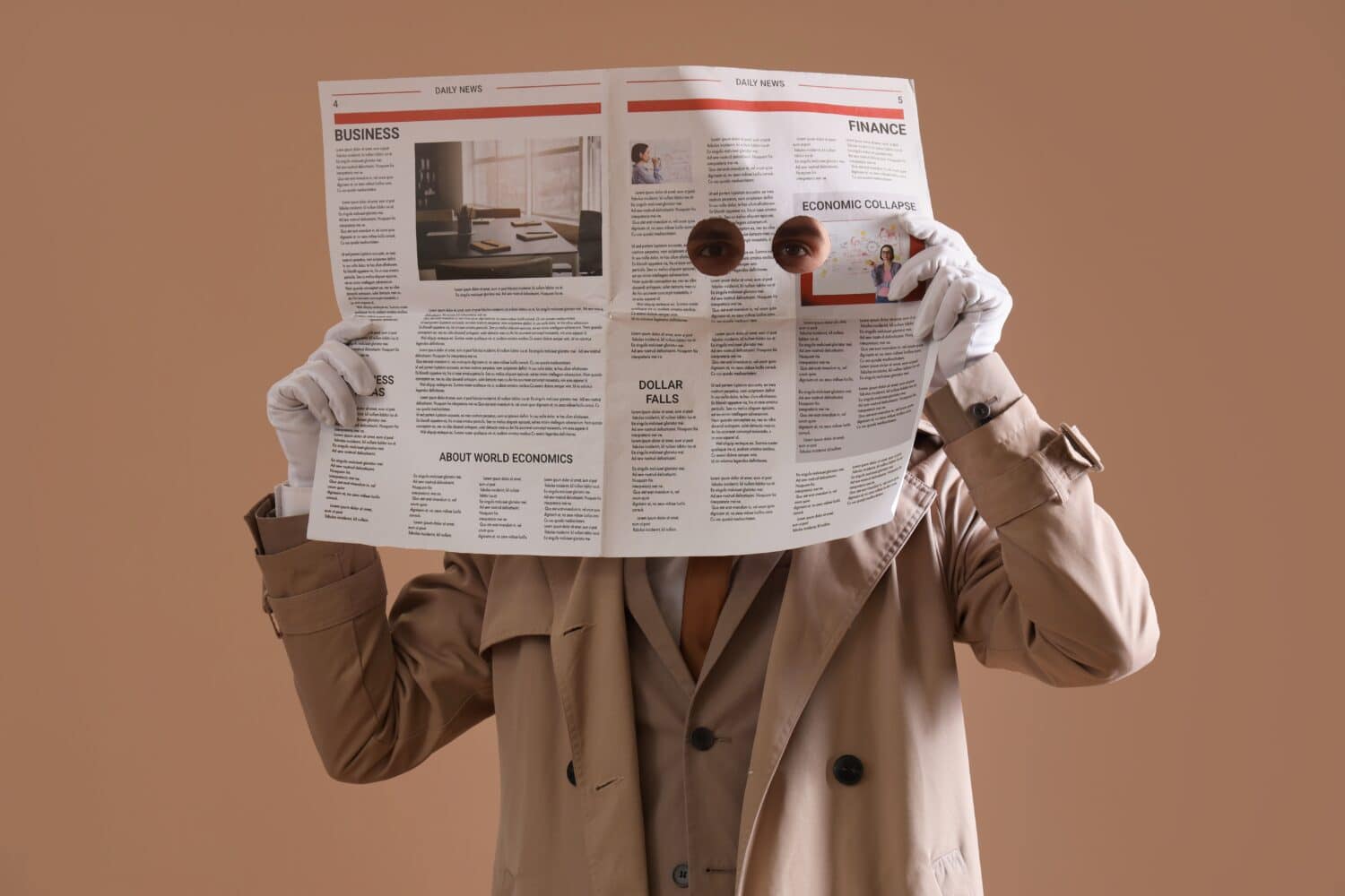 Male spy holding newspaper with holes on brown background