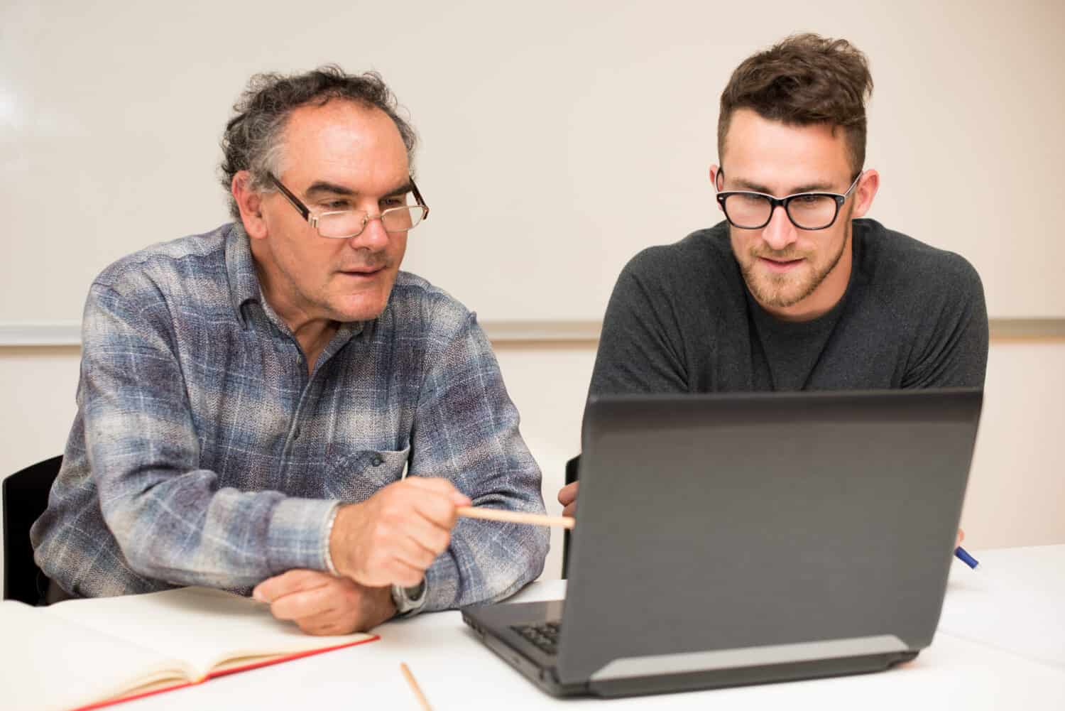 Young man teaching elderly man of usage of computer. Inter generational transfer of computer skills.