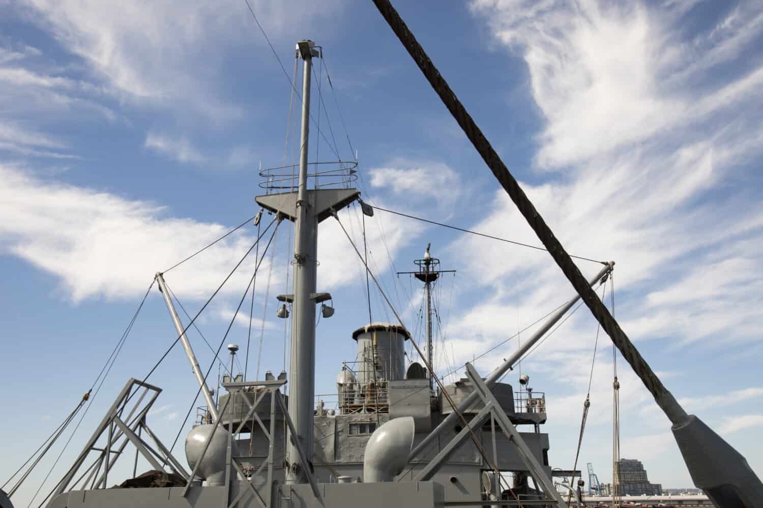 Masts and flying bridge on vintage WWII Liberty Ship.