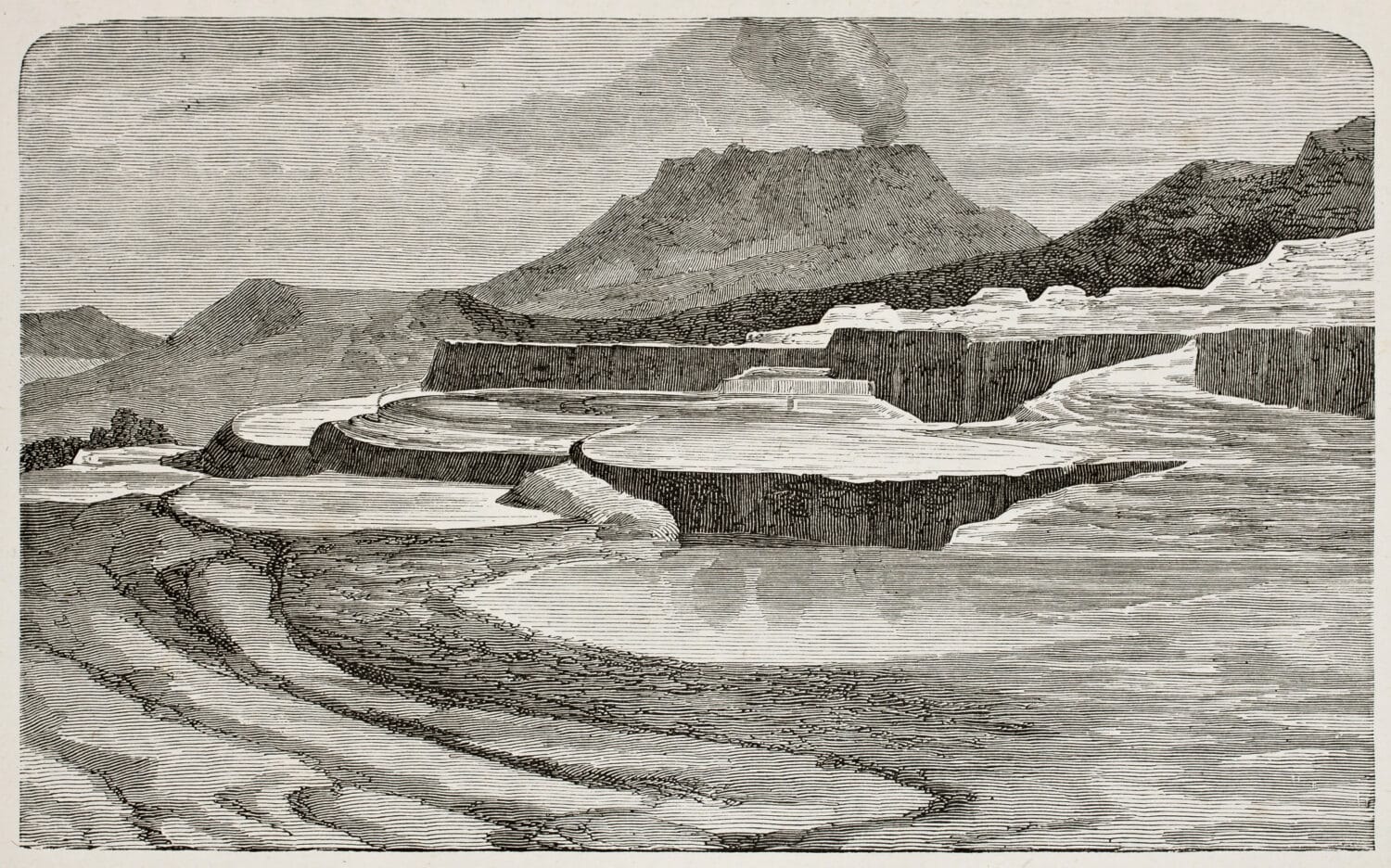 Old illustration of Te-Tarata (Pink and White Terraces, then buried by Mount Tawarera's eruption in 1886), New Zeland. By unknown author, published on L'Eau, by G. Tissandier, Hachette, Paris, 1873