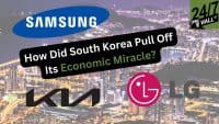 A composite image featuring a bustling nighttime cityscape of a South Korean metropolis with illuminated buildings, bridges, and city lights. Superimposed over the city are the logos of Samsung (blue oval with white text), Kia (black stylized text), and LG (red circle with white stylized 'L' and 'G' symbol, and a grey 'LG' text). A black text banner diagonally crosses the center, asking 'How Did South Korea Pull Off Its Economic Miracle?' in white and green font. The '24/7 Wall St' logo is in the top right corner.