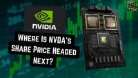 A black graphic displaying the NVIDIA logo and the question 'WHERE IS NVDA'S SHARE PRICE HEADED NEXT?' in prominent white text. To the right, a detailed, dark circuit board with several large, metallic gold-colored semiconductor chips is visible. The background features a blurred green digital stock chart, showing various numbers, percentages, and rising bar graphs.
