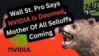 A graphic featuring a black, rounded text box with white and red text. The white text reads 'Wall St. Pro Says', 'Mother Of All Selloffs', and 'Coming'. The red text reads 'NVIDIA Is Doomed,'. Below the text box is the green and black NVIDIA logo against a red background. To the right, a detailed brown figure of a roaring bear with its mouth open is visible. In the top right corner, a green rectangular logo for '24/7 WALL ST' is displayed.