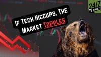 A large brown bear with its mouth open in a roar, symbolizing a bear market, is prominent on the right side of the image. The background features a dark gray financial chart with red downward arrows indicating a decline. A black, irregularly shaped text box with white capital letters reads 'IF TECH HICCUPS, THE MARKET TOPPLES', with the word 'TOPPLES' highlighted in red and underlined. A '24/7 WALL ST' logo is visible in the top right corner on a green square.
