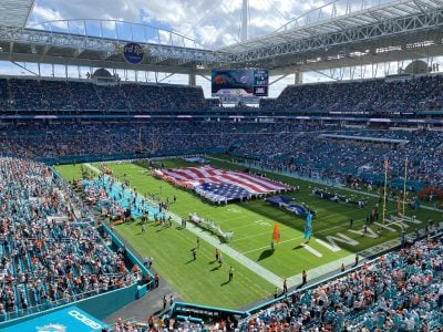 Miami+Dolphins+game | Hard Rock Stadium during the national anthem before a Miami Dolphins game
