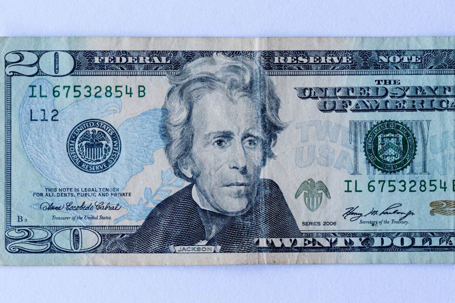 Portrait of former US President Andrew Jackson. macro from 20 dollars bill. money, banking and investments.