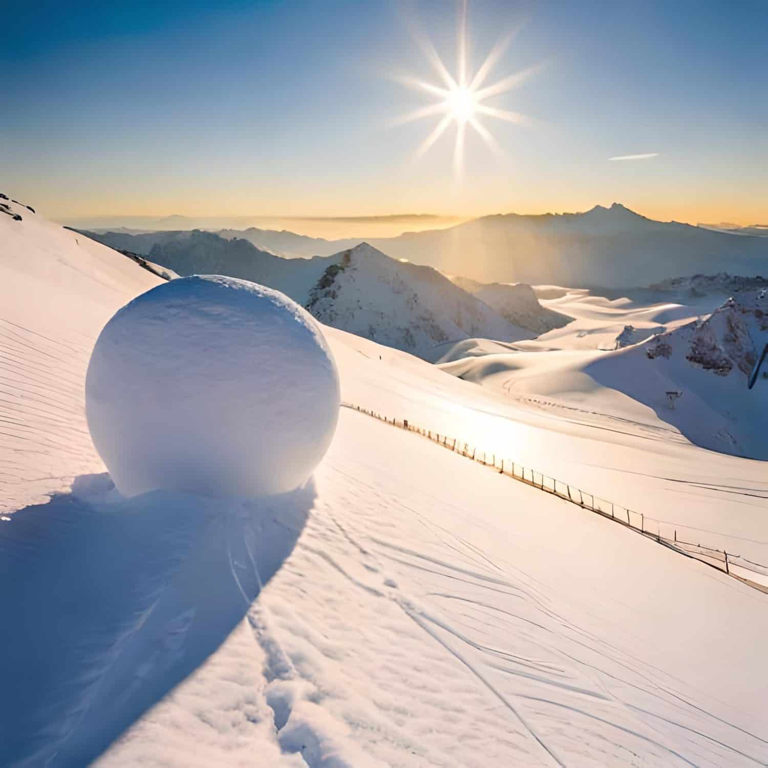 Huge Snowball On Sunny Mountain Peak