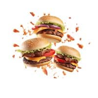Grill burger, realistic 3d burgers falling in the air, grilled meat collection, ultra realistic, icon, falling, flying, detailed, angle view food photo, burger composition